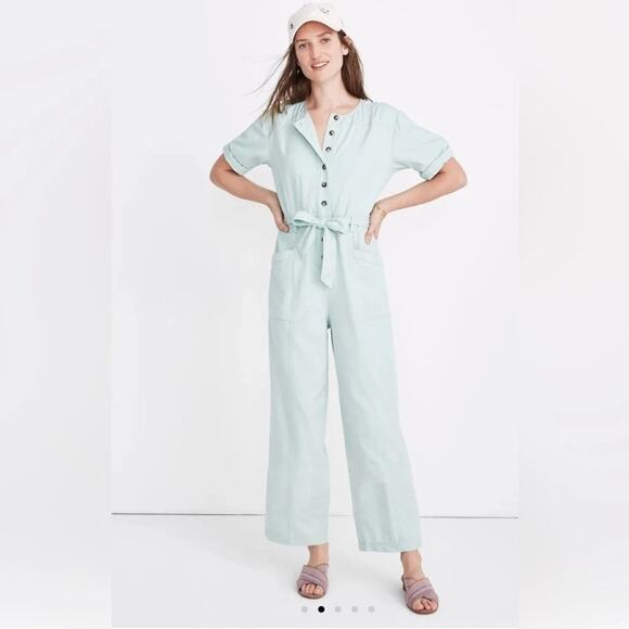 Madewell Jumpsuit Womens 14 Mint Green Top Stitched Coveralls Belted Cropped - Picture 1 of 16